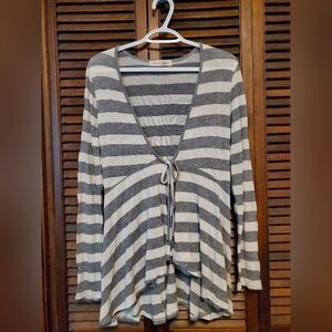 Social House Striped Cardigan Sweater Large Gray White Tie